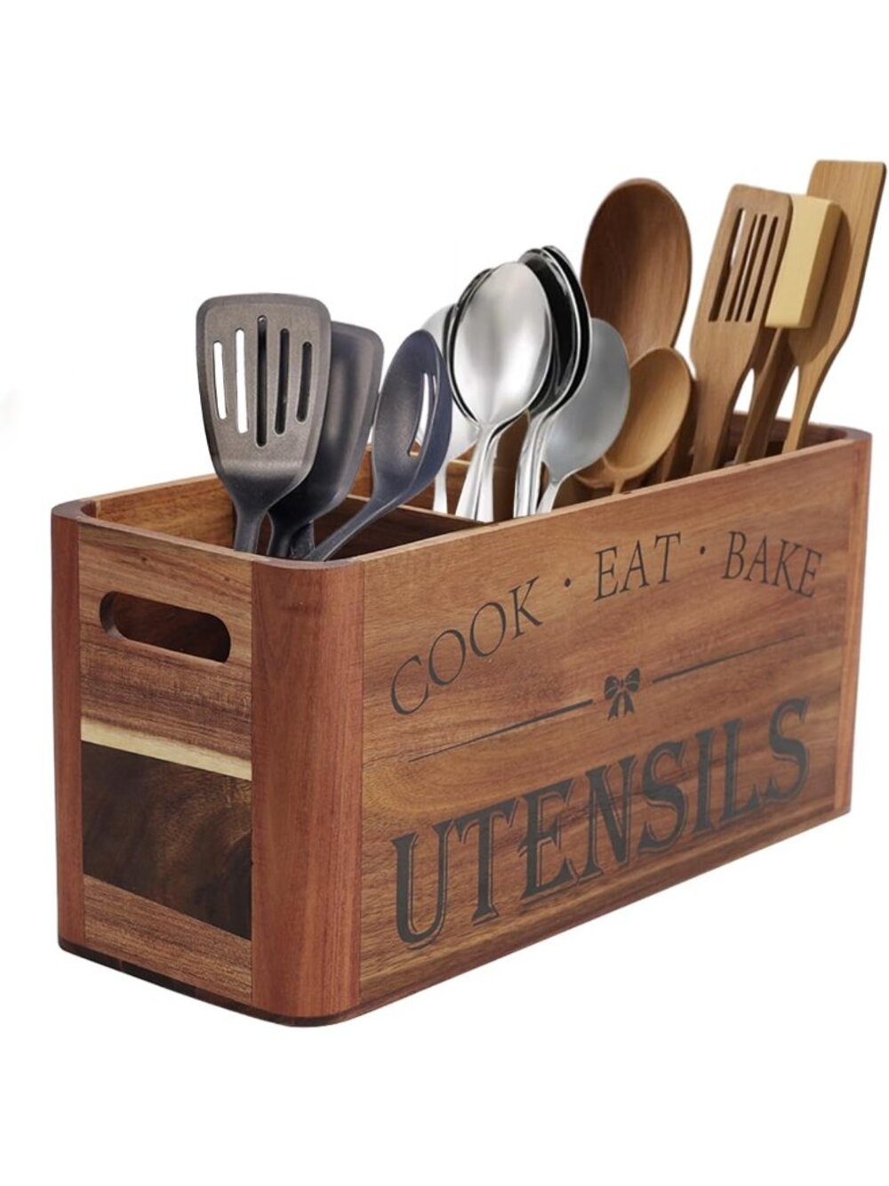 Extra Large Wooden Utensil Holder - 4 Compartment Kitchen Organizer in Acacia
